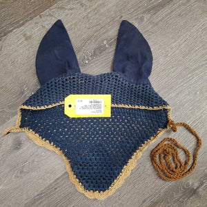 Crochet Fly Veil Ear Bonnet, 1x piping, string *gc, faded, rubs, curled edges, hairy, older