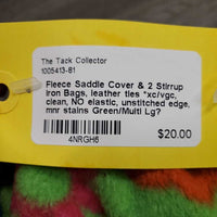 Fleece Saddle Cover & 2 Stirrup Iron Bags, leather ties *xc/vgc, clean, NO elastic, unstitched edge, mnr stains