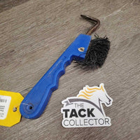 Plastic Hoof Pick, bristle brush *gc, clean, residue, rusty, v.bent bristles, sticker
