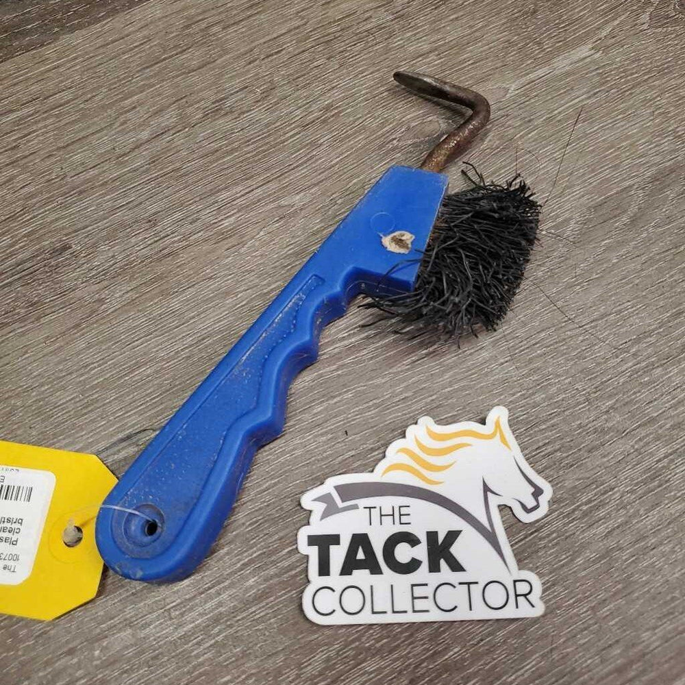 Plastic Hoof Pick, bristle brush *gc, clean, residue, rusty, v.bent bristles, sticker
