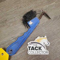 Plastic Hoof Pick, bristle brush *gc, clean, residue, rusty, v.bent bristles, sticker
