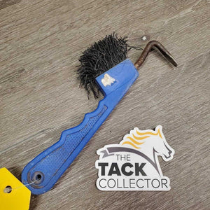 Plastic Hoof Pick, bristle brush *gc, clean, residue, rusty, v.bent bristles, sticker