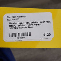 Plastic Hoof Pick, bristle brush *gc, clean, residue, rusty, v.bent bristles, sticker
