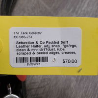 Padded Soft Leather Halter, adj, snap *gc/vgc, clean & mnr dirt?dust, rubs, scraped & peeled edges, creases, dry, rust?
