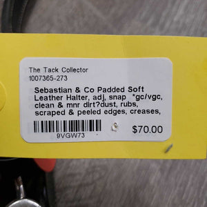 Padded Soft Leather Halter, adj, snap *gc/vgc, clean & mnr dirt?dust, rubs, scraped & peeled edges, creases, dry, rust?