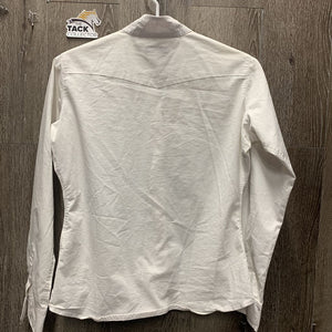 JUNIORS LS Show Shirt, attached snap collar *gc, older, v.puckered, curled bottom seams, dingy