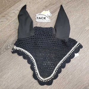 Crochet Ear Bonnet Fly Veil, bling, piping *vgc, clean, mnr hair, pulled end