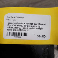 Crochet Ear Bonnet Fly Veil, bling, birdle loops *gc, clean, hairy, faded, older, snags, rubs
