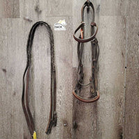 Soft Rsd Leather Bridle, Thick Braided Reins *gc, dirty, dry, edge scrapes, xholes *reins: broken keeper, mismatched

