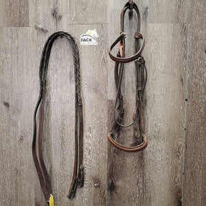 Soft Rsd Leather Bridle, Thick Braided Reins *gc, dirty, dry, edge scrapes, xholes *reins: broken keeper, mismatched