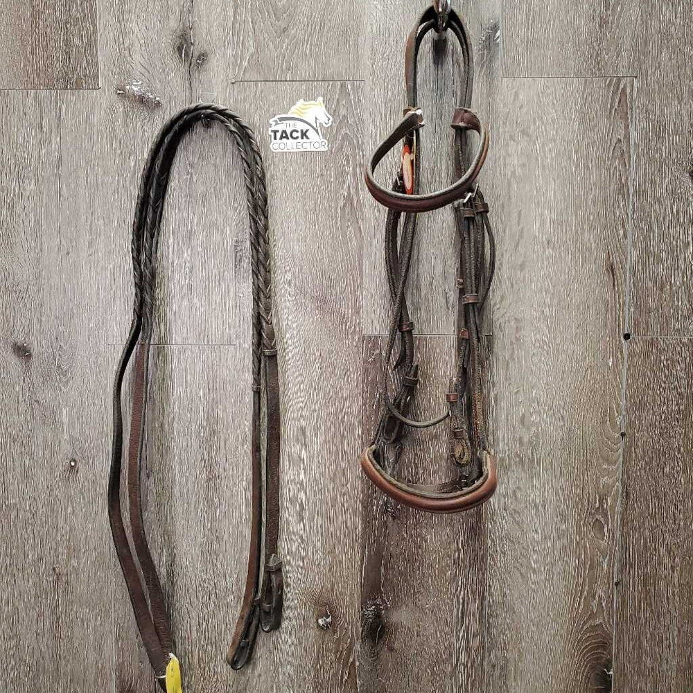 Soft Rsd Leather Bridle, Thick Braided Reins *gc, dirty, dry, edge scrapes, xholes *reins: broken keeper, mismatched