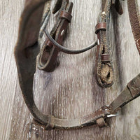 Soft Rsd Leather Bridle, Thick Braided Reins *gc, dirty, dry, edge scrapes, xholes *reins: broken keeper, mismatched
