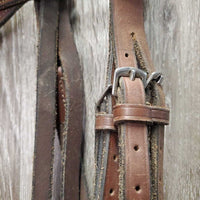 Soft Rsd Leather Bridle, Thick Braided Reins *gc, dirty, dry, edge scrapes, xholes *reins: broken keeper, mismatched
