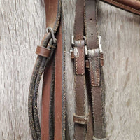 Soft Rsd Leather Bridle, Thick Braided Reins *gc, dirty, dry, edge scrapes, xholes *reins: broken keeper, mismatched
