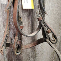 Soft Rsd Leather Bridle, Thick Braided Reins *gc, dirty, dry, edge scrapes, xholes *reins: broken keeper, mismatched
