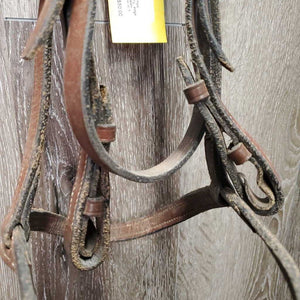 Soft Rsd Leather Bridle, Thick Braided Reins *gc, dirty, dry, edge scrapes, xholes *reins: broken keeper, mismatched
