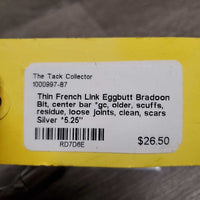 Thin French Link Eggbutt Bradoon Bit, center bar *gc, older, scuffs, residue, loose joints, clean, scars

