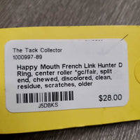 French Link Hunter D Ring, center roller *gc/fair, split end, chewed, discolored, clean, residue, scratches, older

