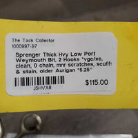 Thick Hvy Low Port Weymouth Bit, 2 Hooks *vgc/xc, clean, 0 chain, mnr scratches, scuffs & stain, older
