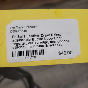 Pr Soft Leather Draw Reins, adjustable Buckle Loop Ends *vgc/gc, curled edge, mnr undone stitches, mnr rubs & scrapes