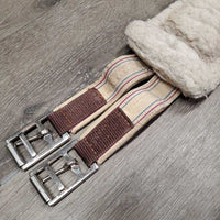 Nylon Web Fleece Lined Girth, 2x els, D Ring *gc/fair, clumpy, clean, dingy, elastic: puckered & stretched, folded edge
