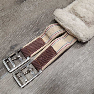 Nylon Web Fleece Lined Girth, 2x els, D Ring *gc/fair, clumpy, clean, dingy, elastic: puckered & stretched, folded edge
