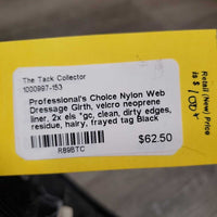 Nylon Web Dressage Girth, velcro neoprene liner, 2x els *gc, clean, dirty edges, residue, hairy, frayed tag
