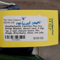 Hvy Winter Blanket, detach neck, 2 legs *gc, 0 wpf, manure stains, film, snags, dirty/dusty, slices, mnr pills, fray, smells, replace snaps