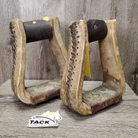 2 Wide Heavy Braided Western Stirrups, Rawhide Wrapped *gc, dirt, gunk, stains, rubs, rubs, scrapes, faded
