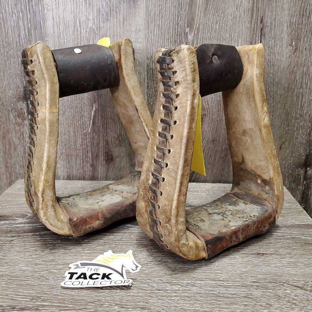 2 Wide Heavy Braided Western Stirrups, Rawhide Wrapped *gc, dirt, gunk, stains, rubs, rubs, scrapes, faded