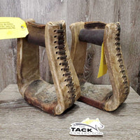 2 Wide Heavy Braided Western Stirrups, Rawhide Wrapped *gc, dirt, gunk, stains, rubs, rubs, scrapes, faded
