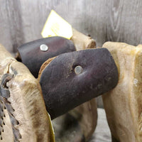 2 Wide Heavy Braided Western Stirrups, Rawhide Wrapped *gc, dirt, gunk, stains, rubs, rubs, scrapes, faded
