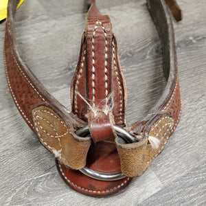 Narrow 1.5" Wide Tooled Leather Breastcollar, snap *gc/fair, older, dry, rubs, scrapes, dirty
