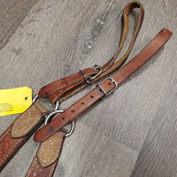 Narrow 1.5" Wide Tooled Leather Breastcollar, snap *gc/fair, older, dry, rubs, scrapes, dirty
