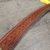 Narrow 1.5" Wide Tooled Leather Breastcollar, snap *gc/fair, older, dry, rubs, scrapes, dirty
