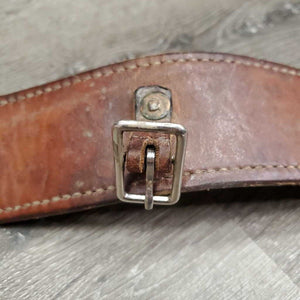 Flat 2.5" Leather Back Cinch, Center Buckle *gc, older, bent, rubs, scrapes, mnr dirt & stains