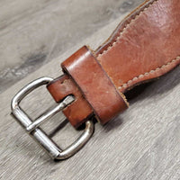 Flat 2.5" Leather Back Cinch, Center Buckle *gc, older, bent, rubs, scrapes, mnr dirt & stains
