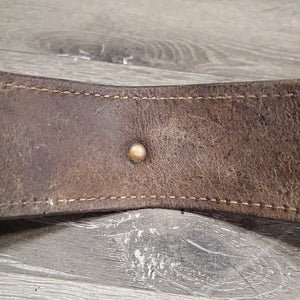 Flat 2.5" Leather Back Cinch, Center Buckle *gc, older, bent, rubs, scrapes, mnr dirt & stains