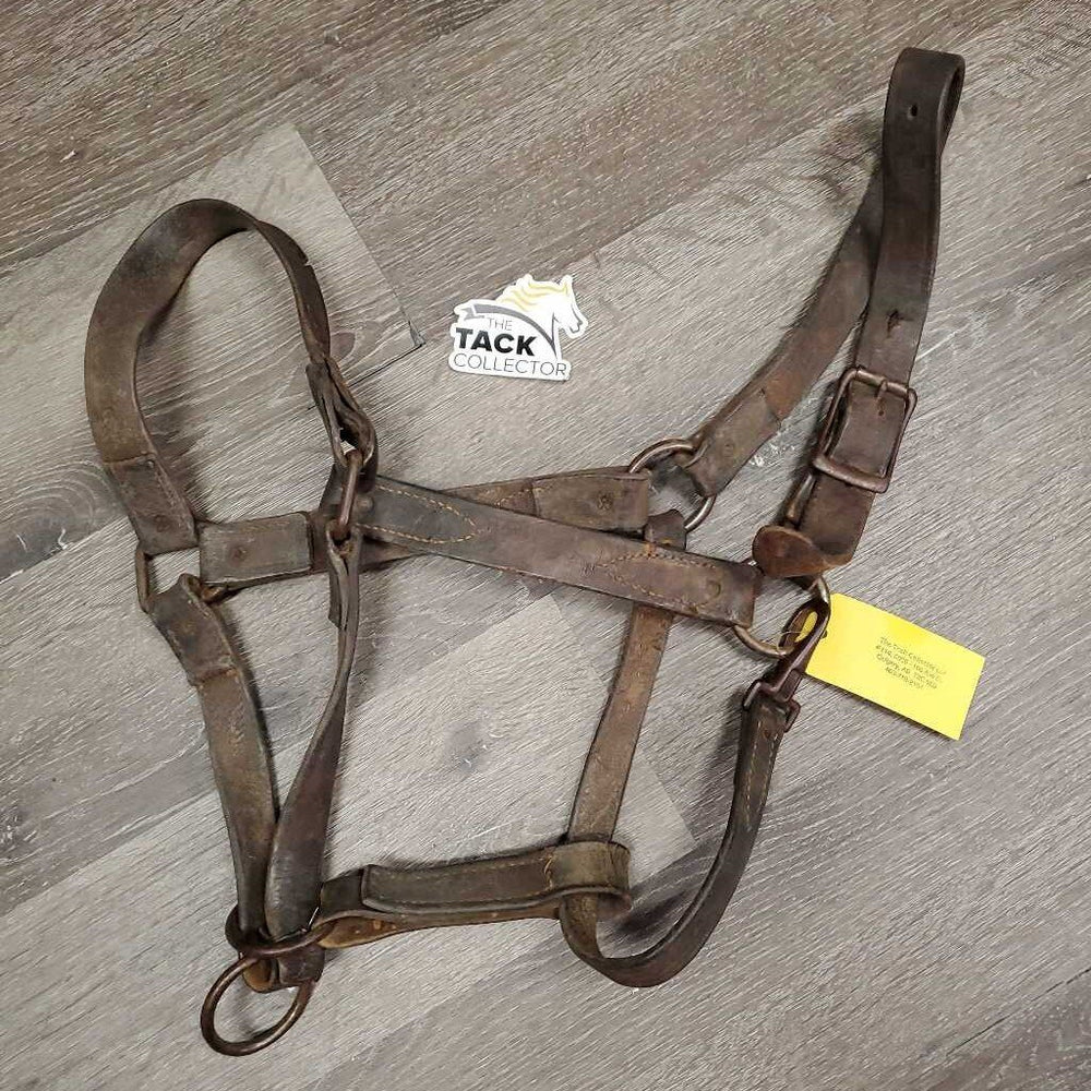 *NOT FOR USE - Decorative Only Leather Halter *fair, v.stiff, dry, cracked, older, wire repaired, unstitched