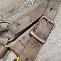 *NOT FOR USE - Decorative Only Leather Halter *fair, v.stiff, dry, cracked, older, wire repaired, unstitched
