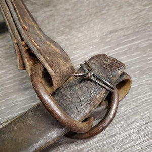 *NOT FOR USE - Decorative Only Leather Halter *fair, v.stiff, dry, cracked, older, wire repaired, unstitched