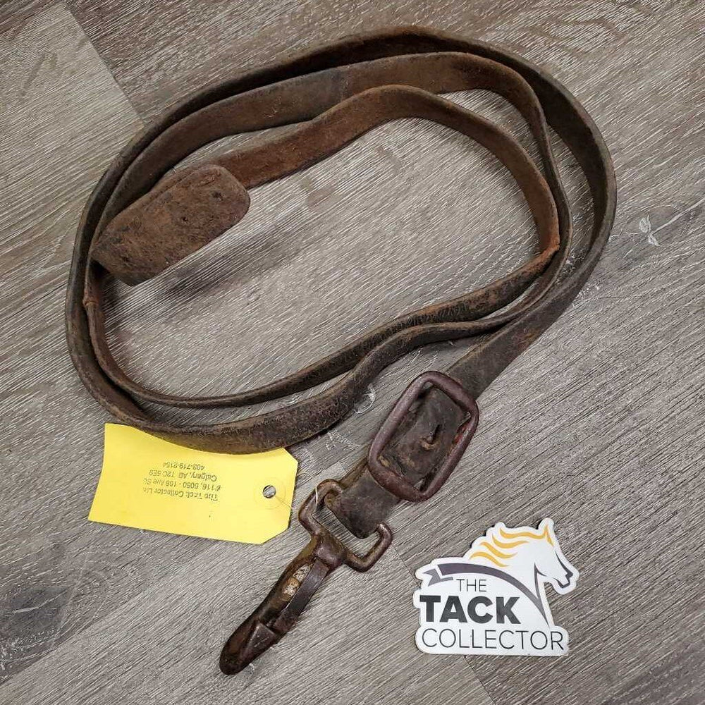 NOT FOR USE: Wide Flat Driving Rein? Leather Strap, Buckle, snap *fair, cracks, dry, dirt, slices, scraped, gouges, thin