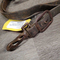 NOT FOR USE: Wide Flat Driving Rein? Leather Strap, Buckle, snap *fair, cracks, dry, dirt, slices, scraped, gouges, thin