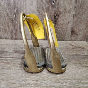 VINTAGE Pr Angled Stirrup Irons, grips *vgc, mnr scuffs, scratches, residue & stains