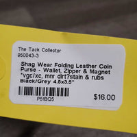 Folding Leather Coin Purse - Wallet, Zipper & Magnet *vgc/xc, mnr dirt?stain & rubs
