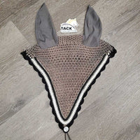 Tie Down Crochet Ear Bonnet Fly Veil, 2x bling, 2x piping *gc, stains, snags, sm hole, older?
