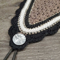 Tie Down Crochet Ear Bonnet Fly Veil, 2x bling, 2x piping *gc, stains, snags, sm hole, older?
