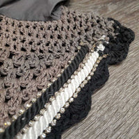 Tie Down Crochet Ear Bonnet Fly Veil, 2x bling, 2x piping *gc, stains, snags, sm hole, older?
