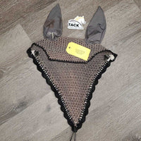 Tie Down Crochet Ear Bonnet Fly Veil, 2x bling, 2x piping *gc, stains, snags, sm hole, older?
