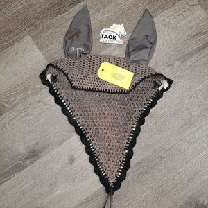 Tie Down Crochet Ear Bonnet Fly Veil, 2x bling, 2x piping *gc, stains, snags, sm hole, older?